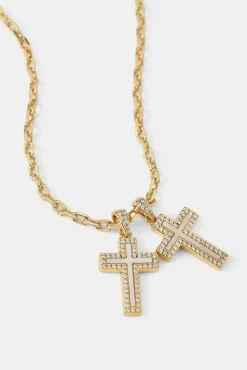 Mother Of Pearl Double Cross Necklace - 15mm - Gold