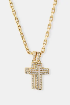 Mother Of Pearl Double Cross Necklace - 15mm - Gold