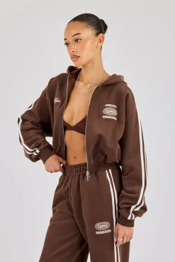 Moto Boxy Zip Through Hoodie - Washed Chocolate