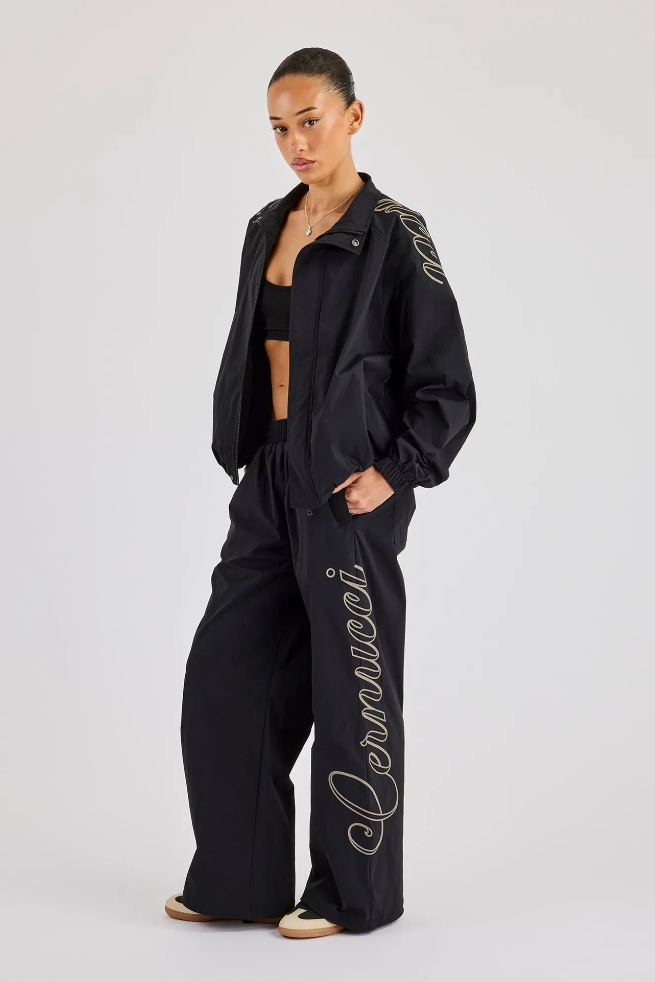 Nylon Branded Baggy Jogger - Black