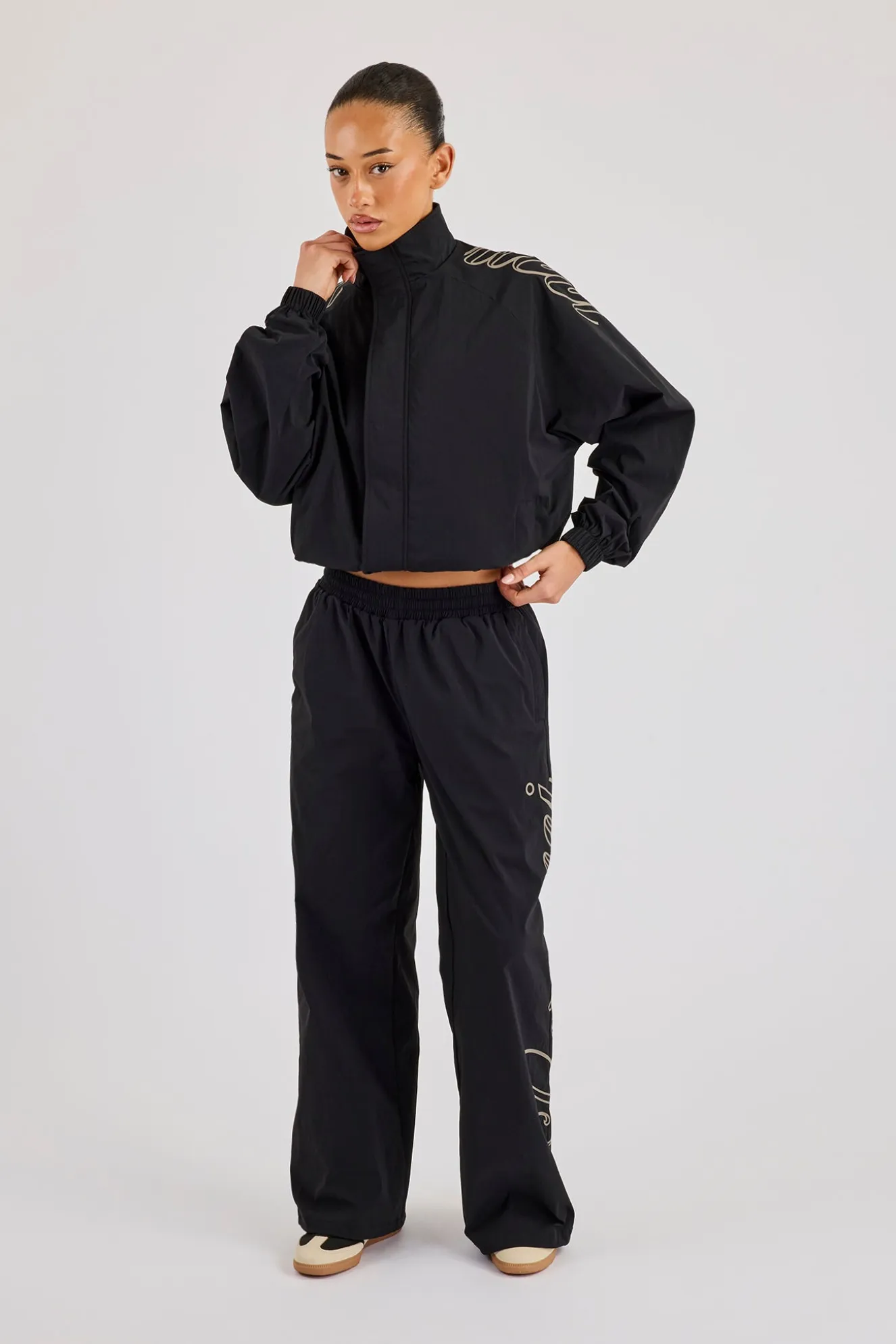 Nylon Branded Track Jacket & Baggy Jogger - Black