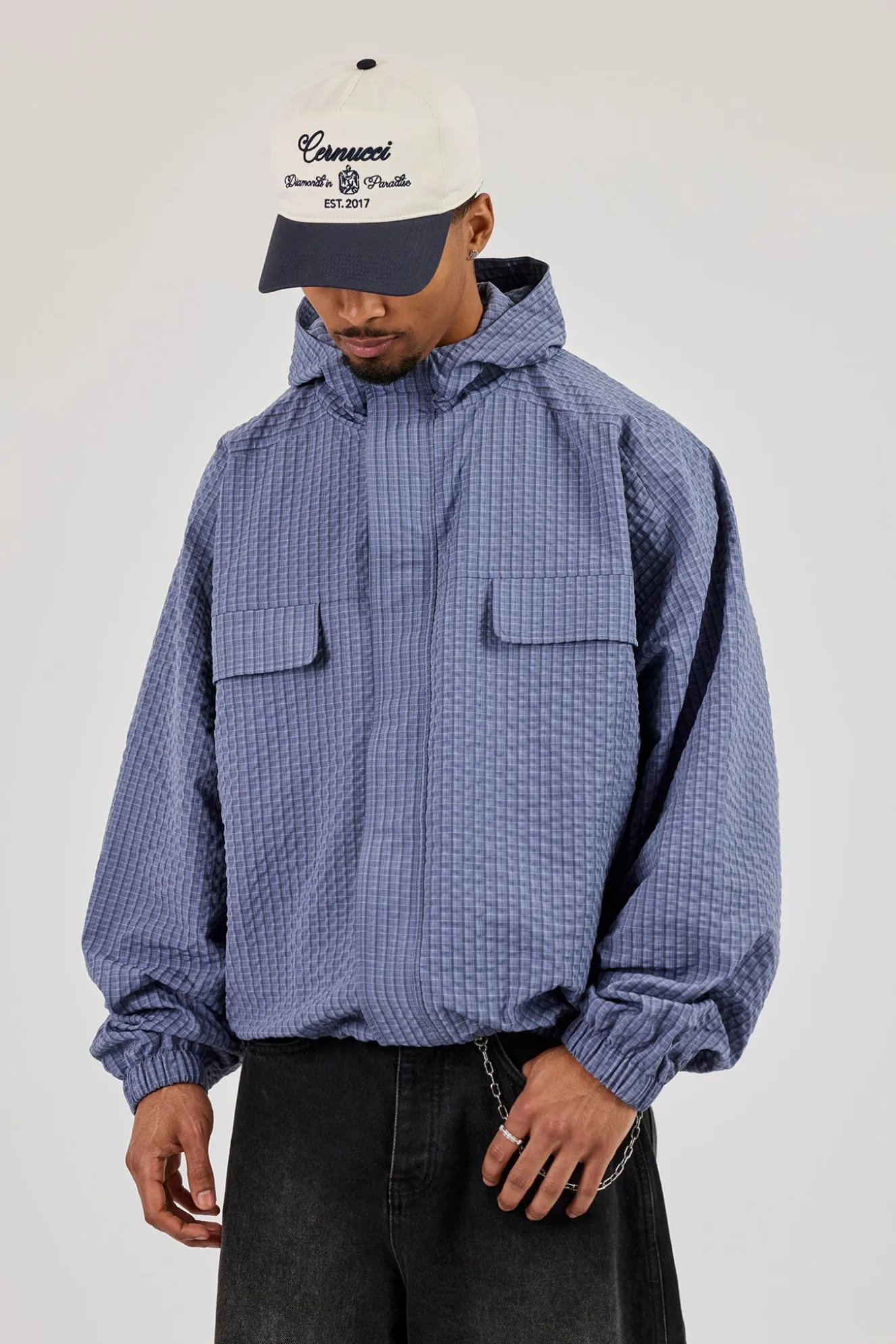 Nylon Check Hooded Windbreaker - Blue
