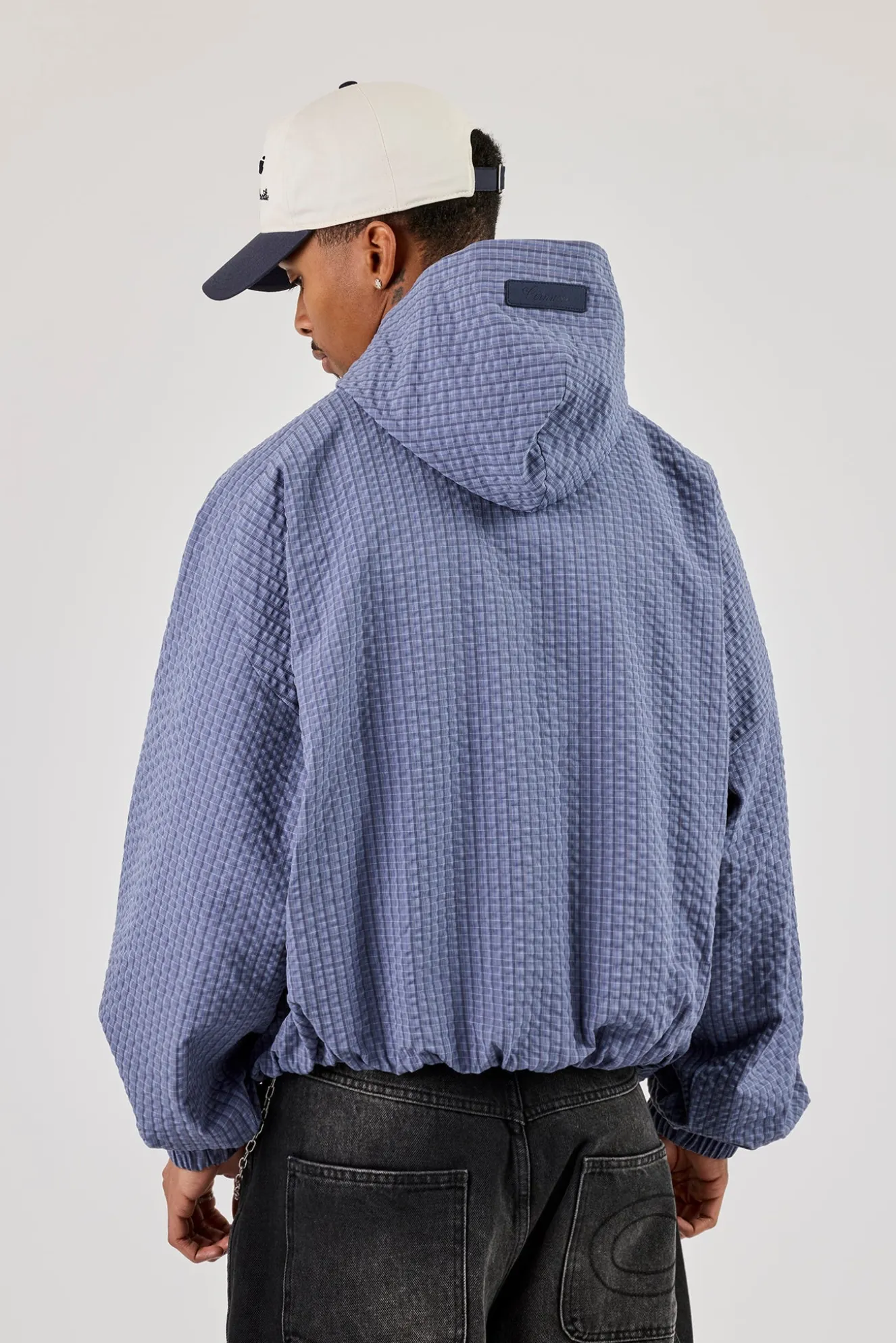 Nylon Check Hooded Windbreaker - Blue