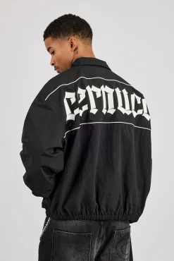 Nylon Contrast Funnel Neck Track Jacket - Black