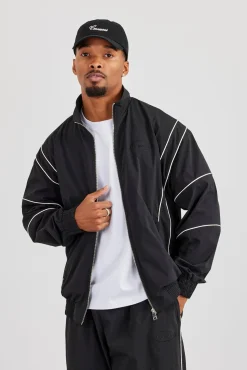 Nylon Piping Embroidered Track Jacket - Black