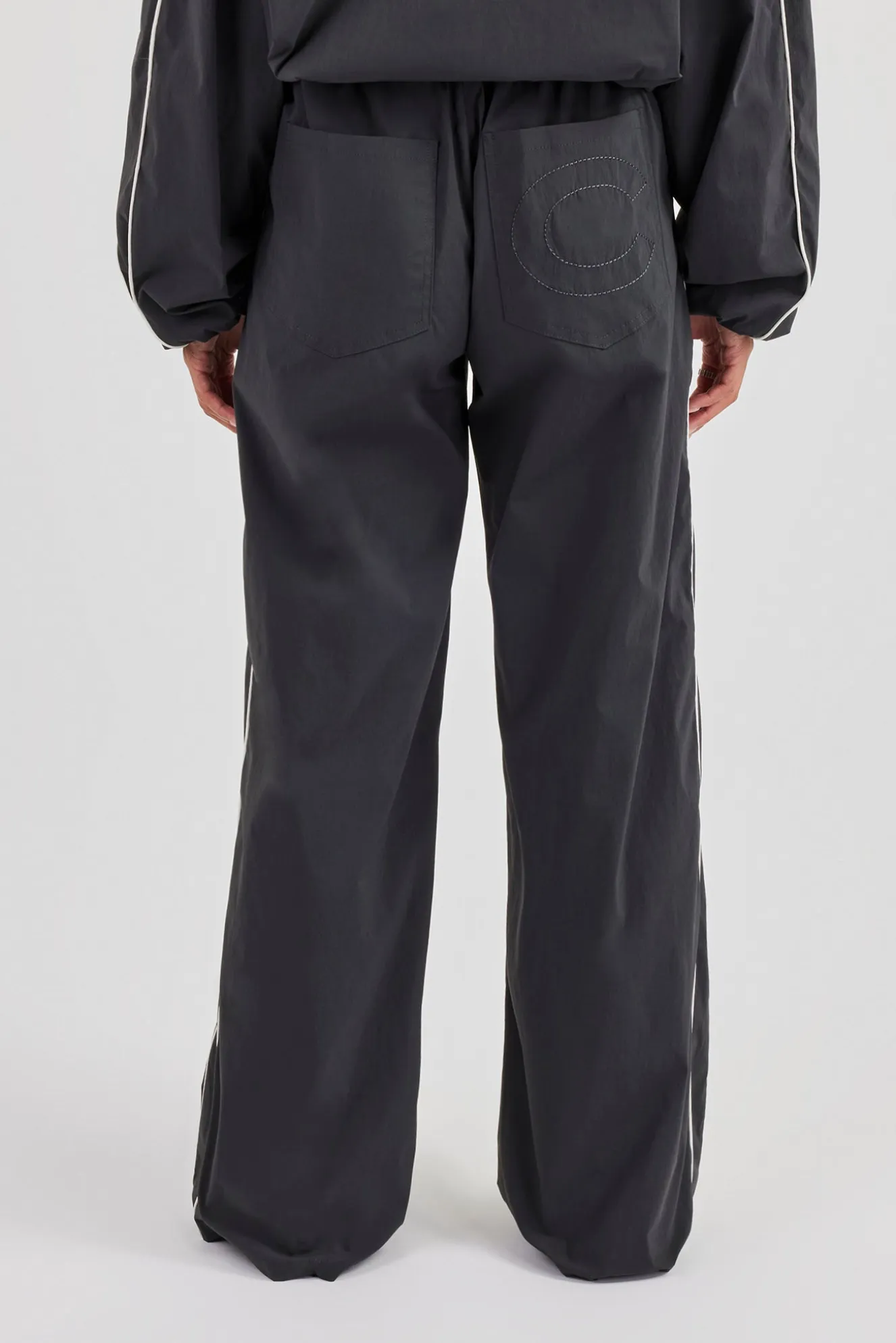 Nylon Piping Wide Leg Track Pant - Charcoal