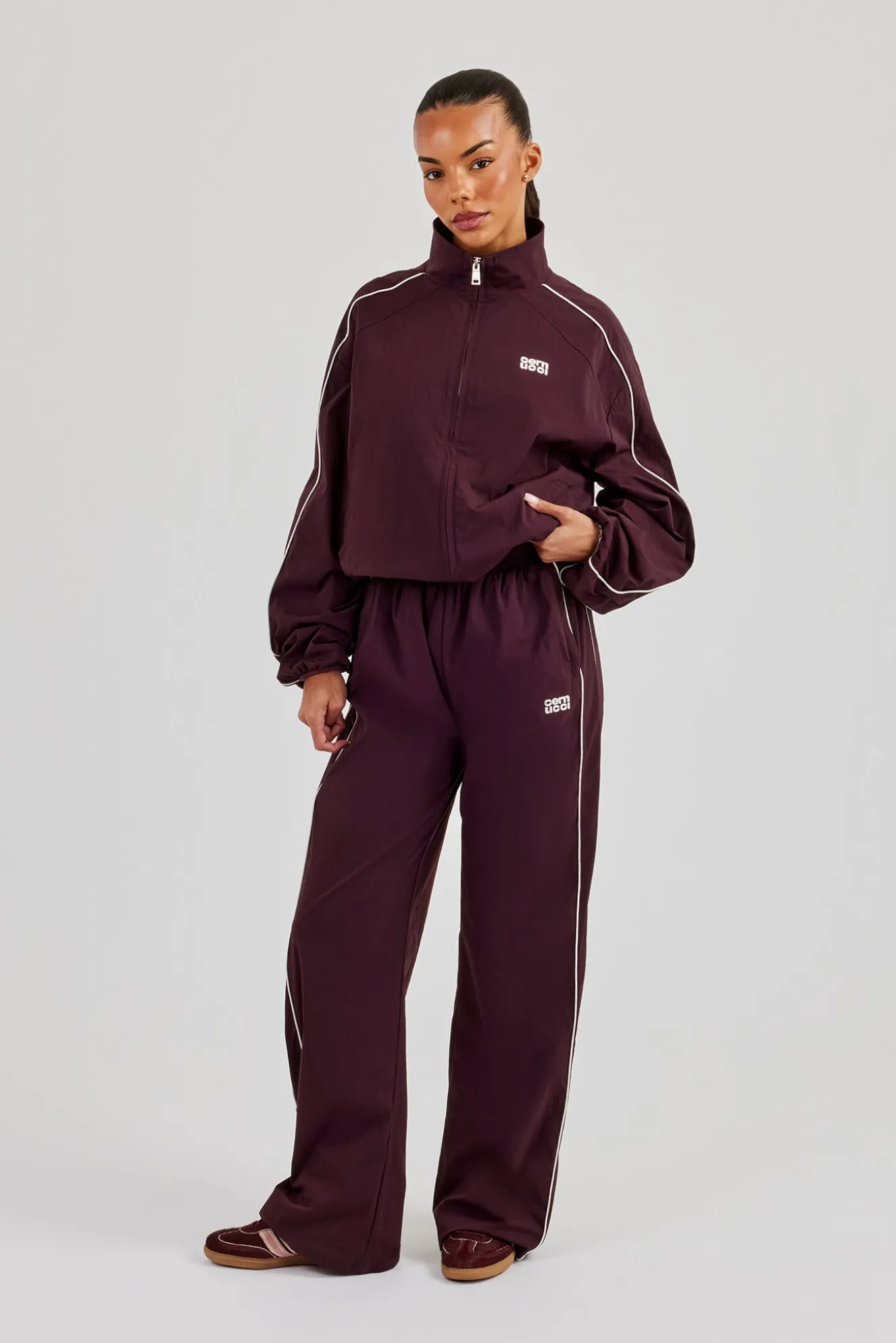 Nylon Piping Wide Leg Track Pant - Burgundy