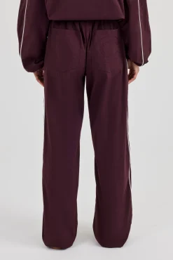 Nylon Piping Wide Leg Track Pant - Burgundy
