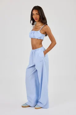 Nylon Striped Ruched Bralet & Wide Leg Trouser  Baby Blue