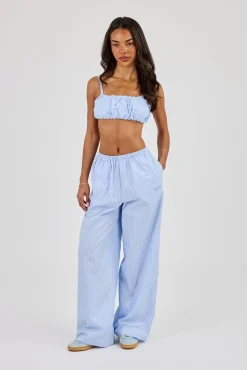 Nylon Striped Ruched Bralet & Wide Leg Trouser  Baby Blue