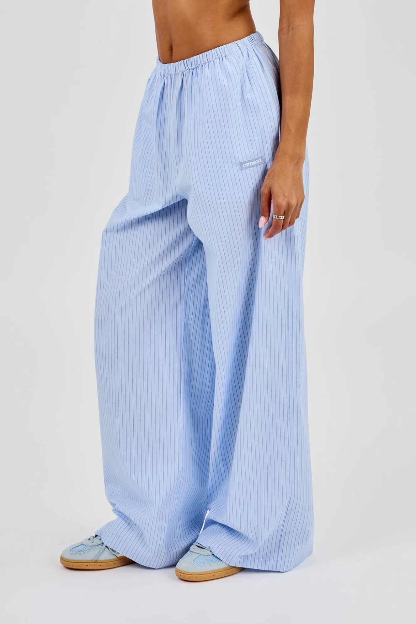 Nylon Striped Wide Leg Trouser - Baby Blue