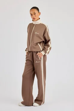 Off White Rib Contrast Panel Track Top & Pant - Taupe