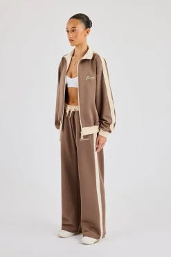 Off White Rib Contrast Panel Track Top & Pant - Taupe