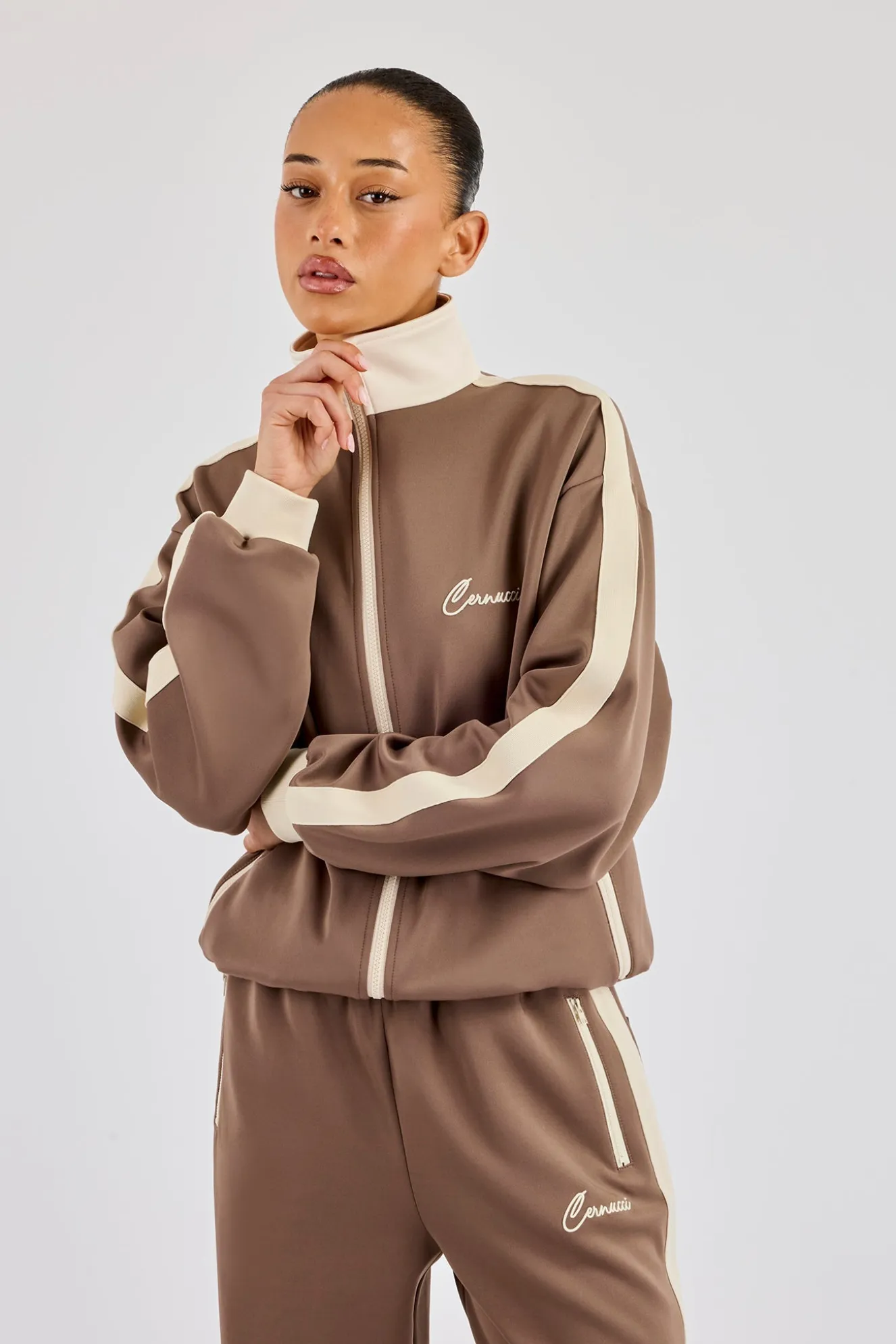 Off White Rib Contrast Panel Track Top - Taupe