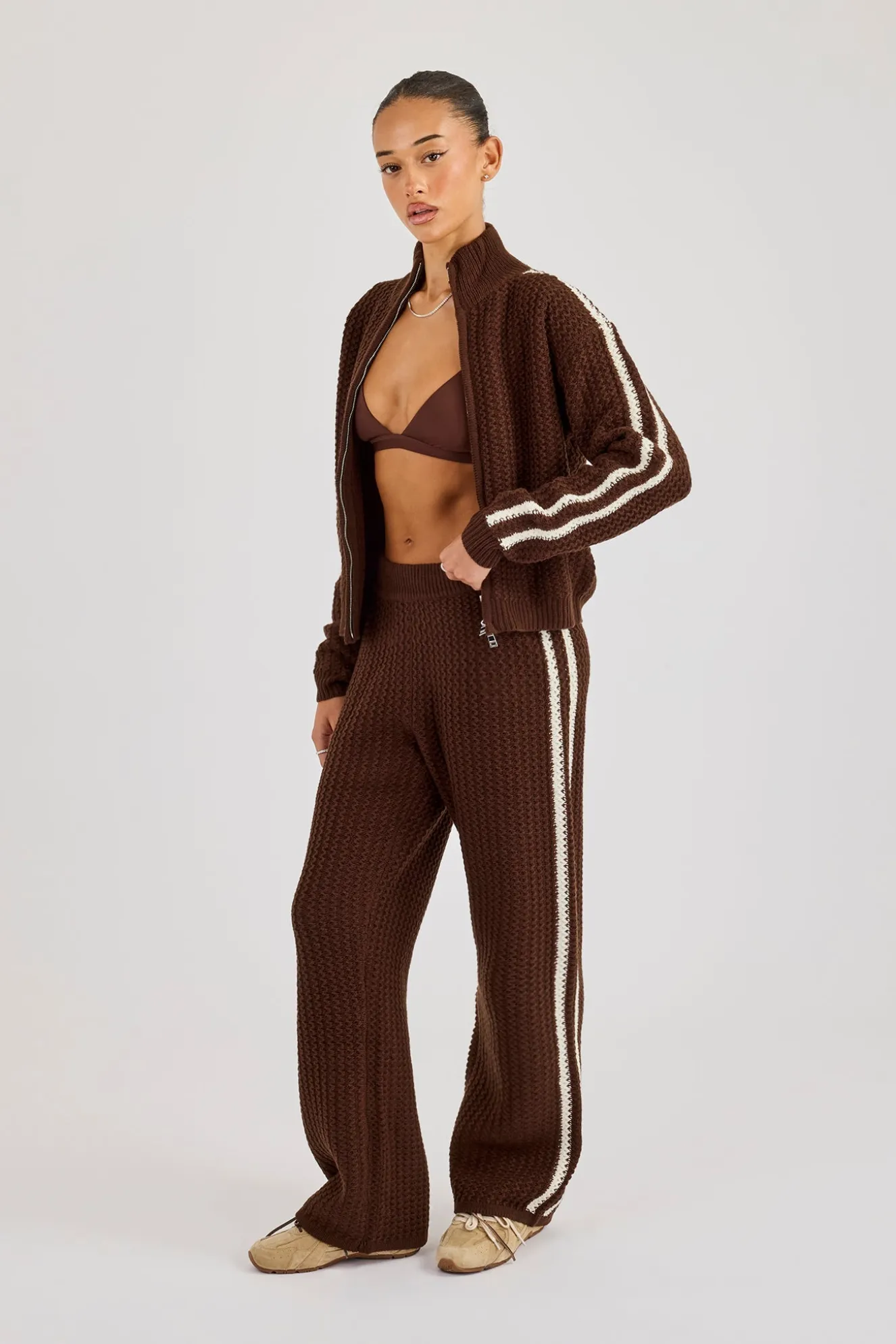 Open Knit Funnel Neck Jacket & Wide Leg Jogger With Tape Detailing - Dark Brown