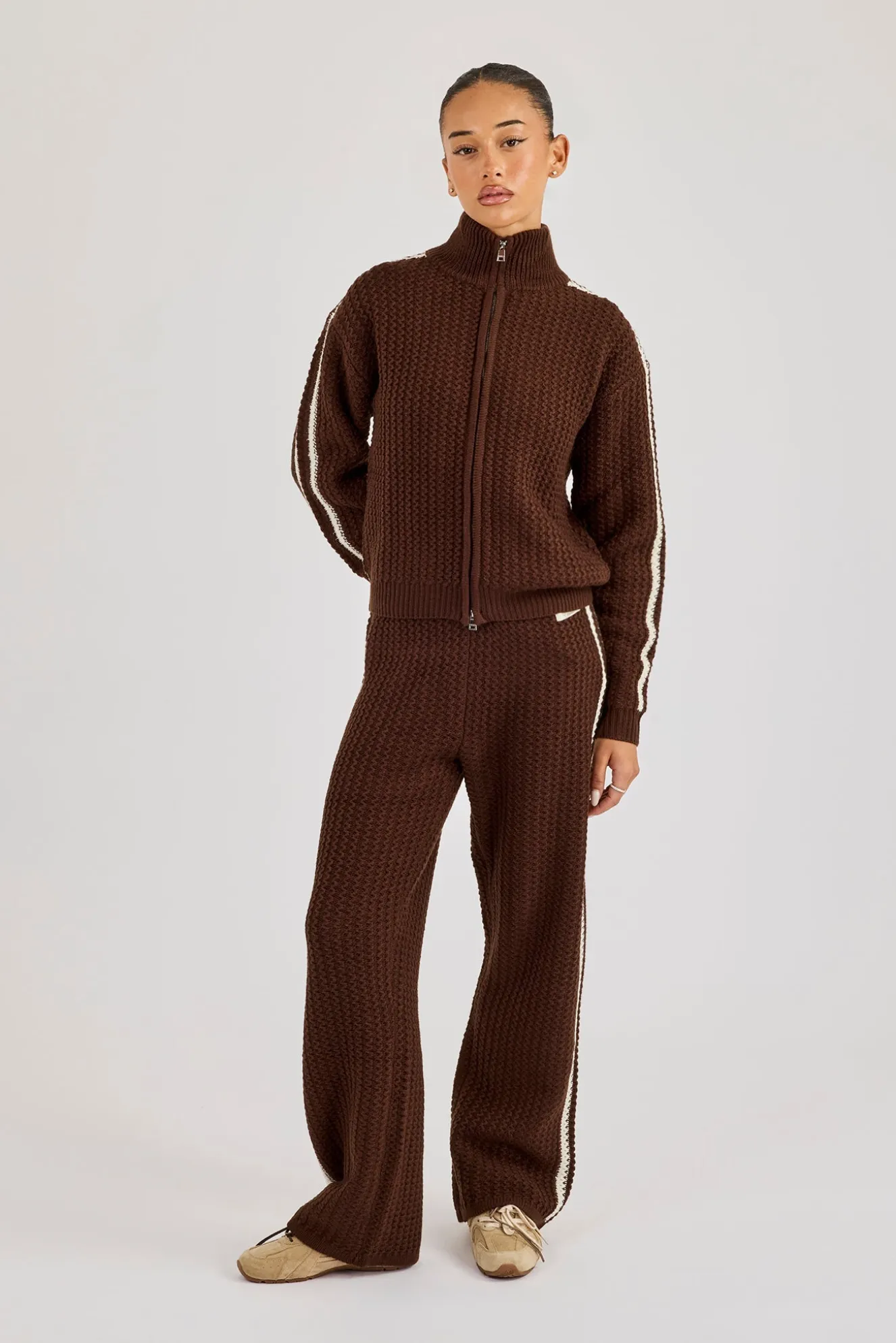 Open Knit Funnel Neck Jacket & Wide Leg Jogger With Tape Detailing - Dark Brown