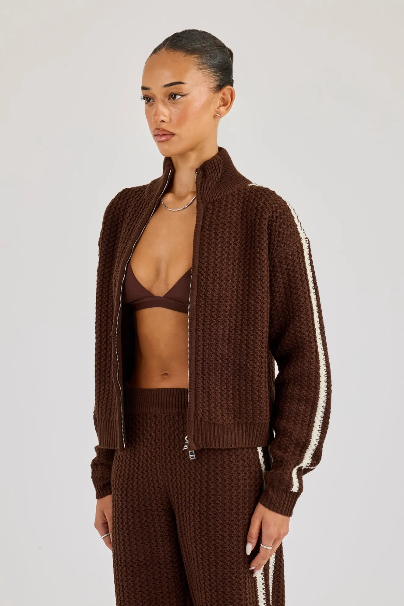 Open Knit Funnel Neck Jacket With Tape Detailing - Dark Brown
