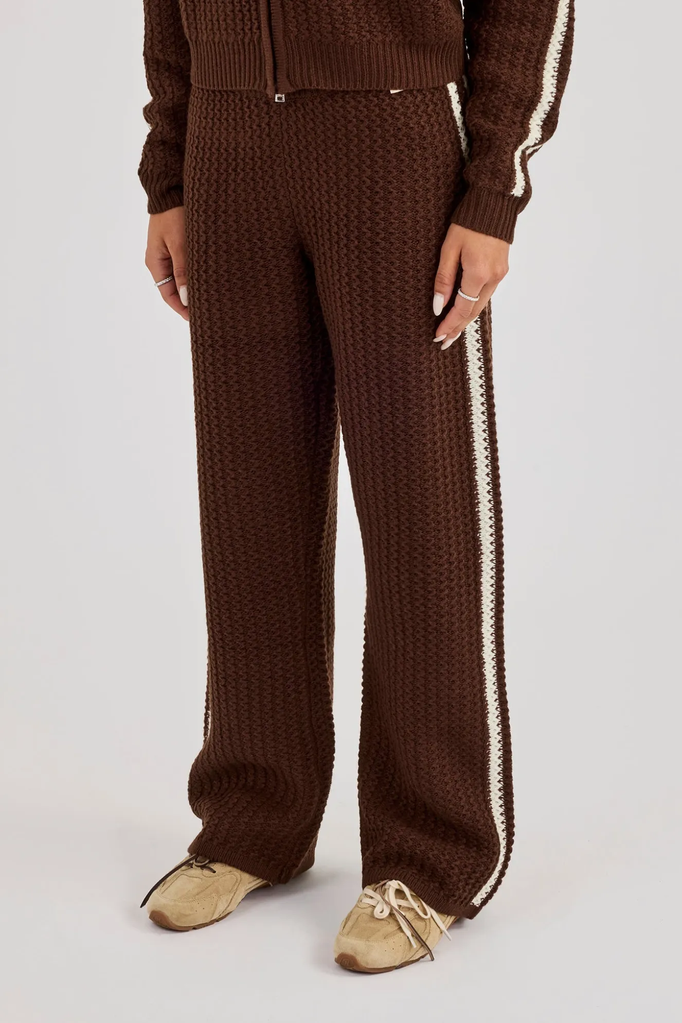 Open Knit Wide Leg Jogger With Tape Detailing - Dark Brown