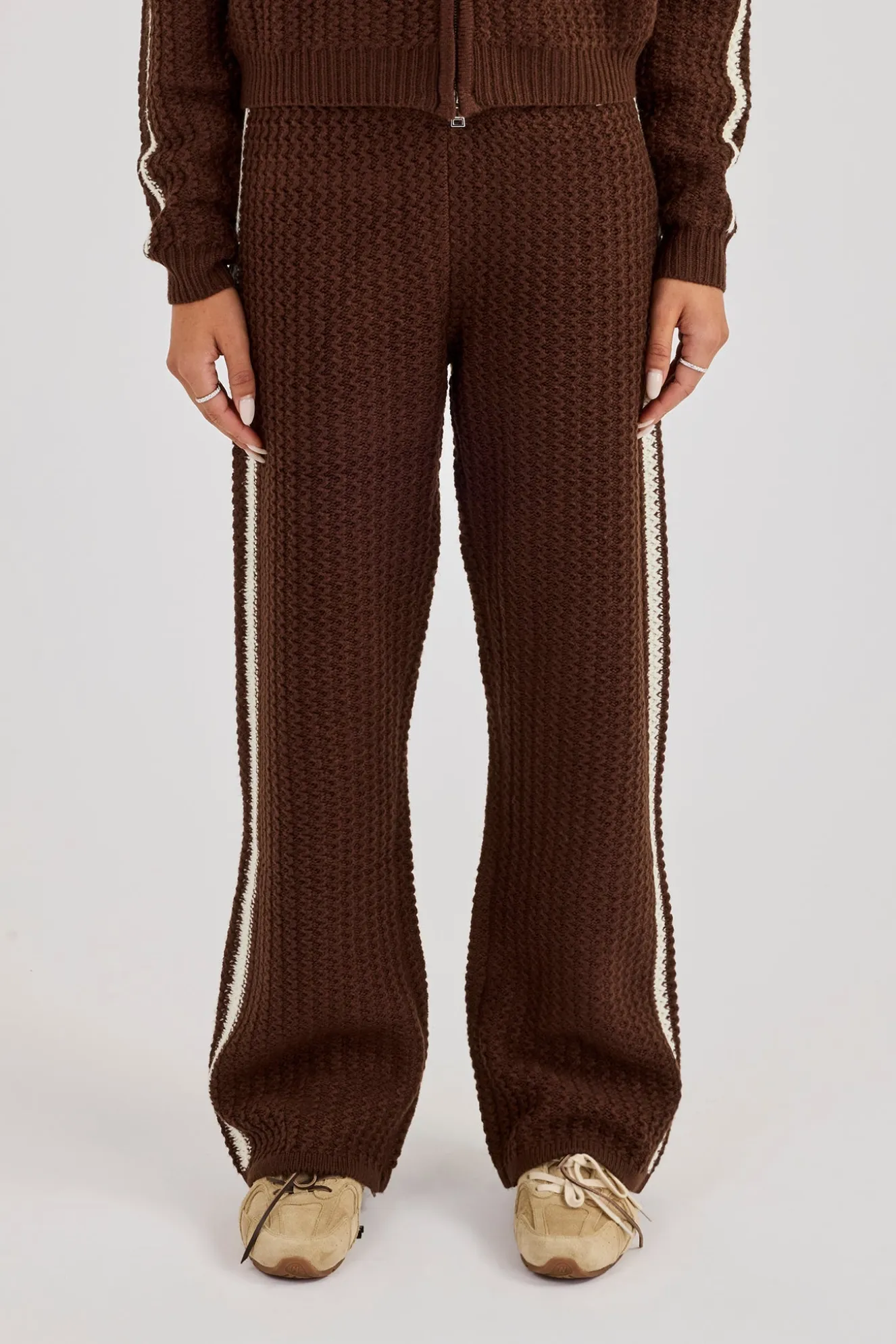 Open Knit Wide Leg Jogger With Tape Detailing - Dark Brown