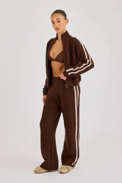 Open Knit Wide Leg Jogger With Tape Detailing - Dark Brown
