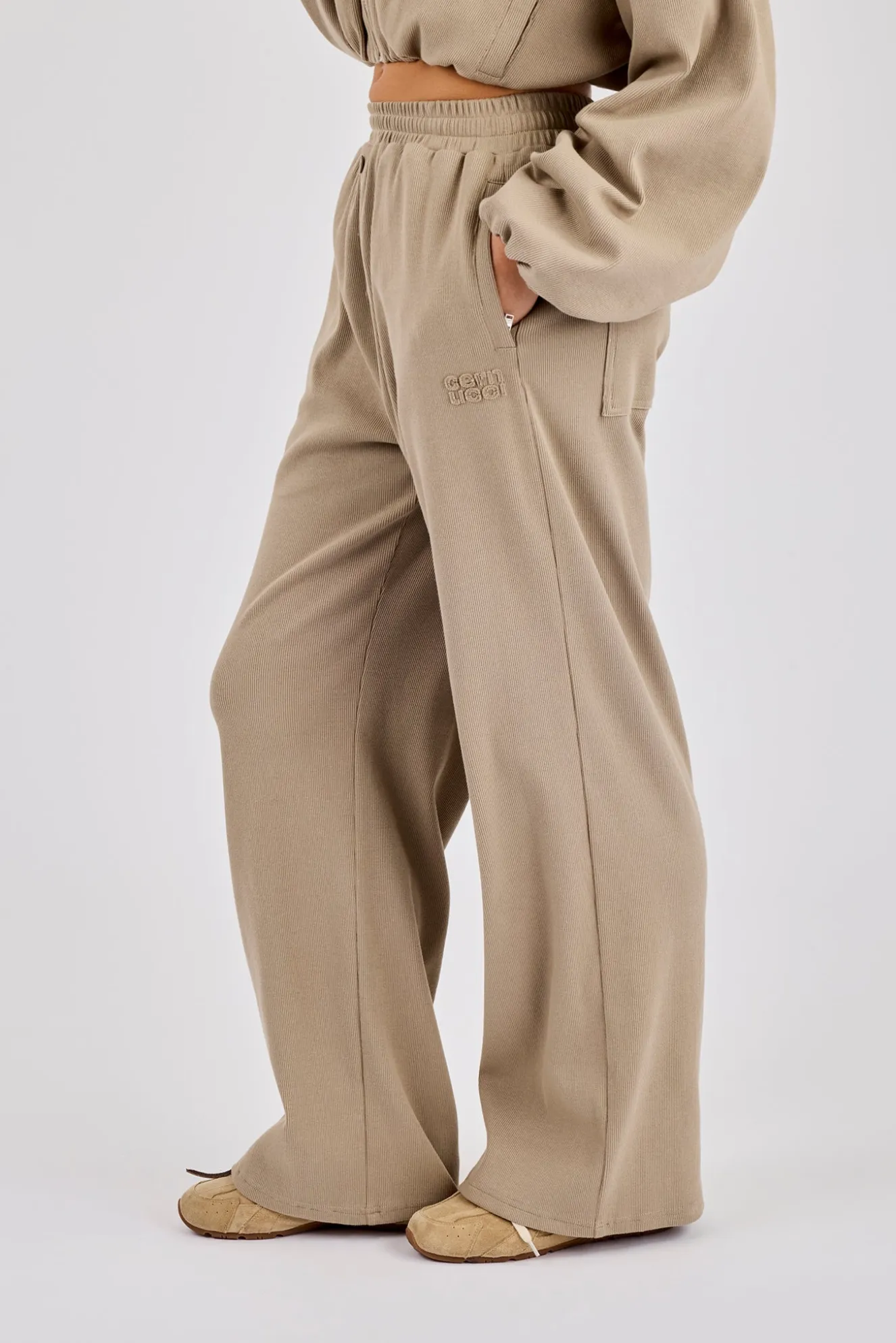 Ottoman Rib Button Wide Leg Jogger - Taupe
