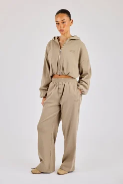 Ottoman Rib Hooded Zip Through & Wide Leg Jogger - Taupe