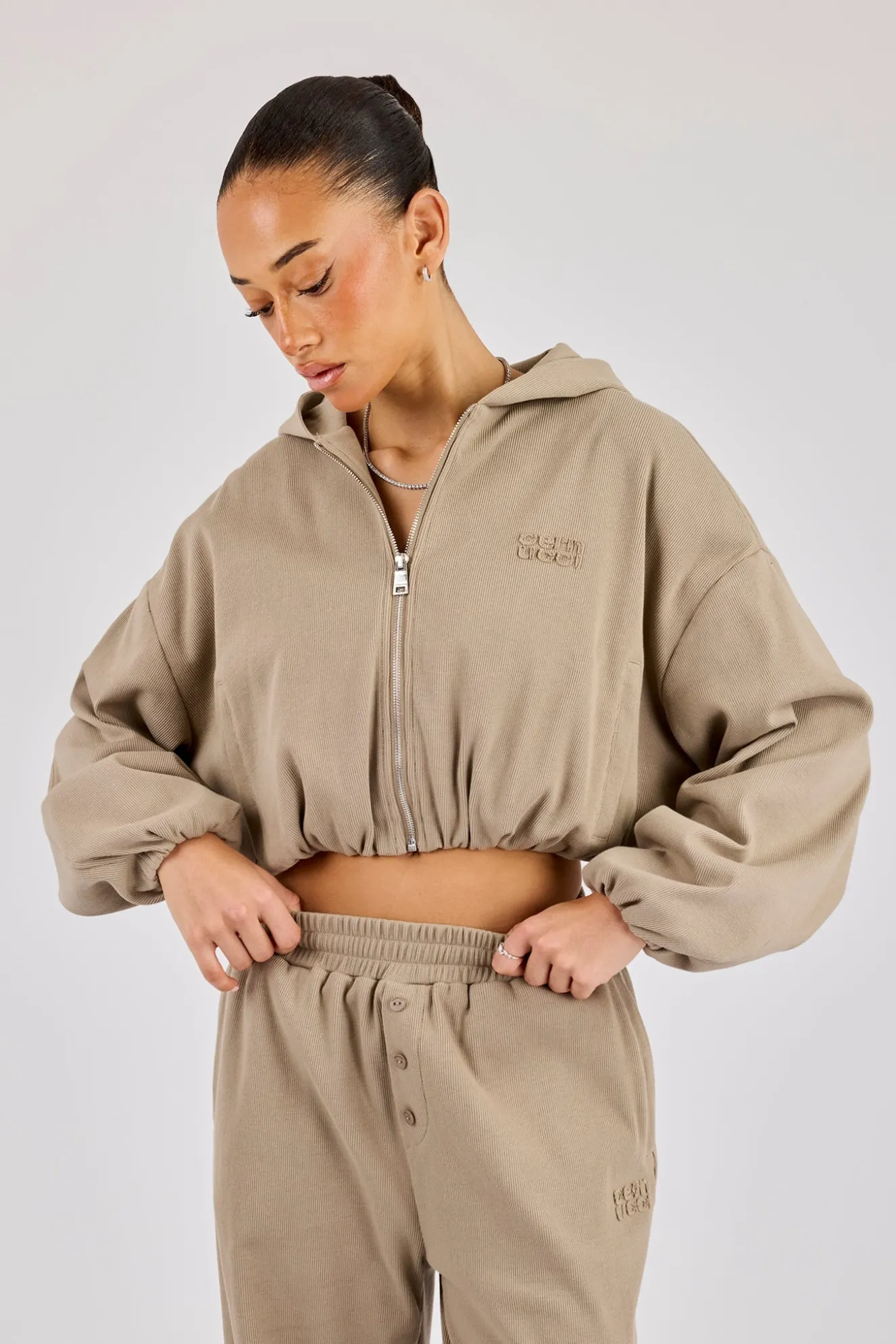 Ottoman Rib Hooded Zip Through - Taupe