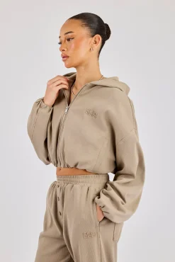 Ottoman Rib Hooded Zip Through - Taupe