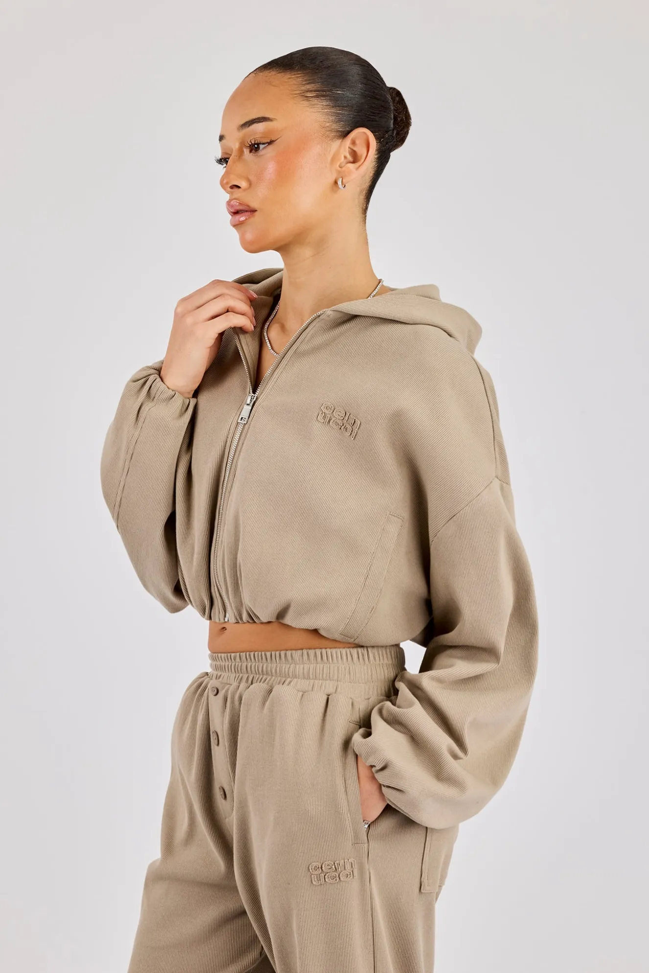 Ottoman Rib Hooded Zip Through - Taupe