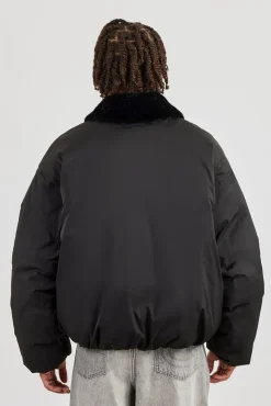 Oversized Bomber With Fur Collar - Black