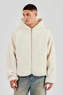 Oversized Borg Zip Hoodie - Off White
