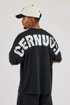 Oversized Cernucci Distressed Graphic T-Shirt - Black