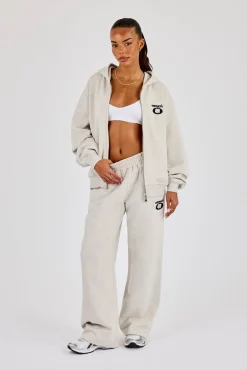 Oversized Embroidered Moto Zip Hoodie & Wide Leg Jogger - Ash Grey