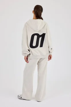 Oversized Embroidered Moto Zip Hoodie & Wide Leg Jogger - Ash Grey