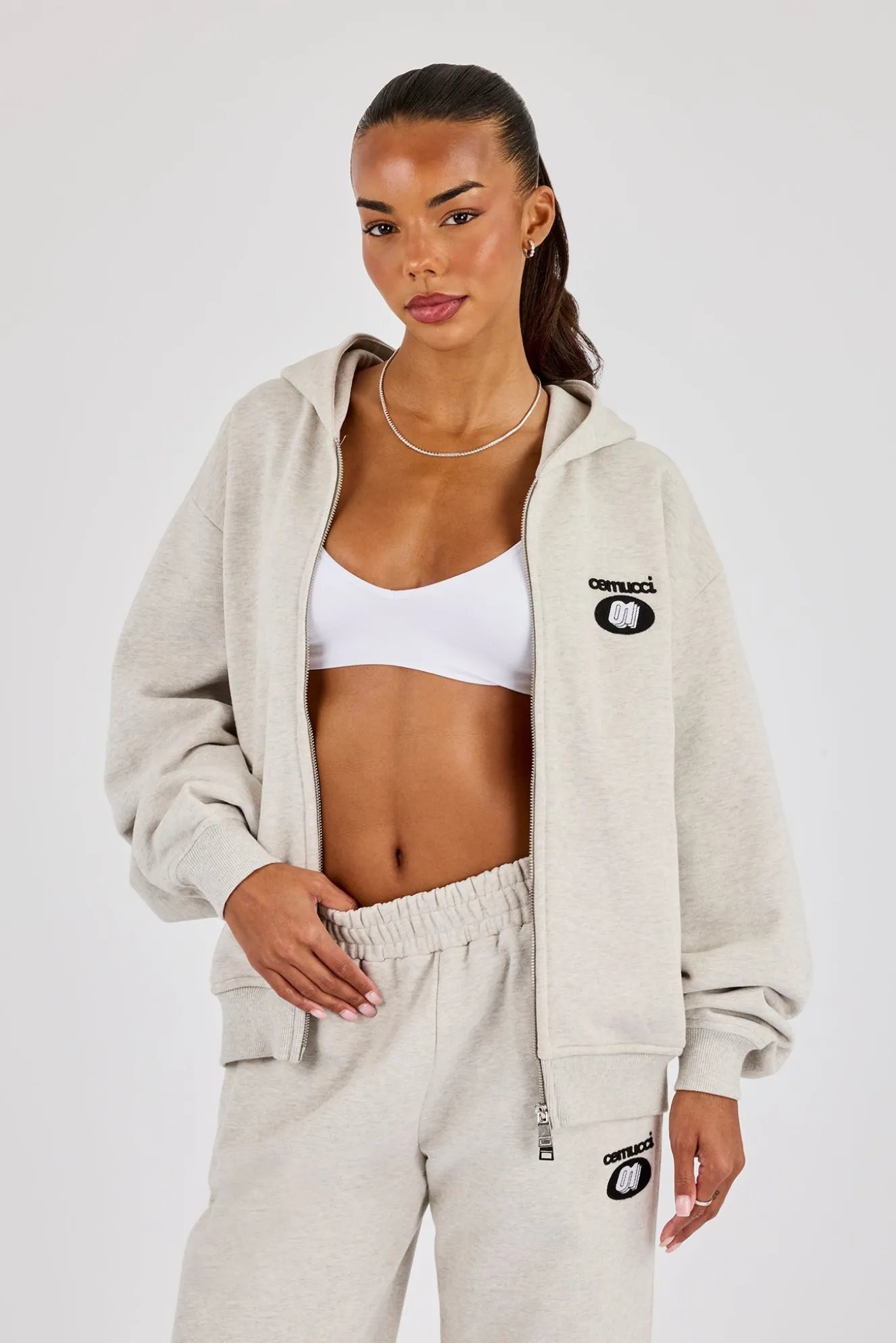 Oversized Embroidered Moto Zip Hoodie - Ash Grey