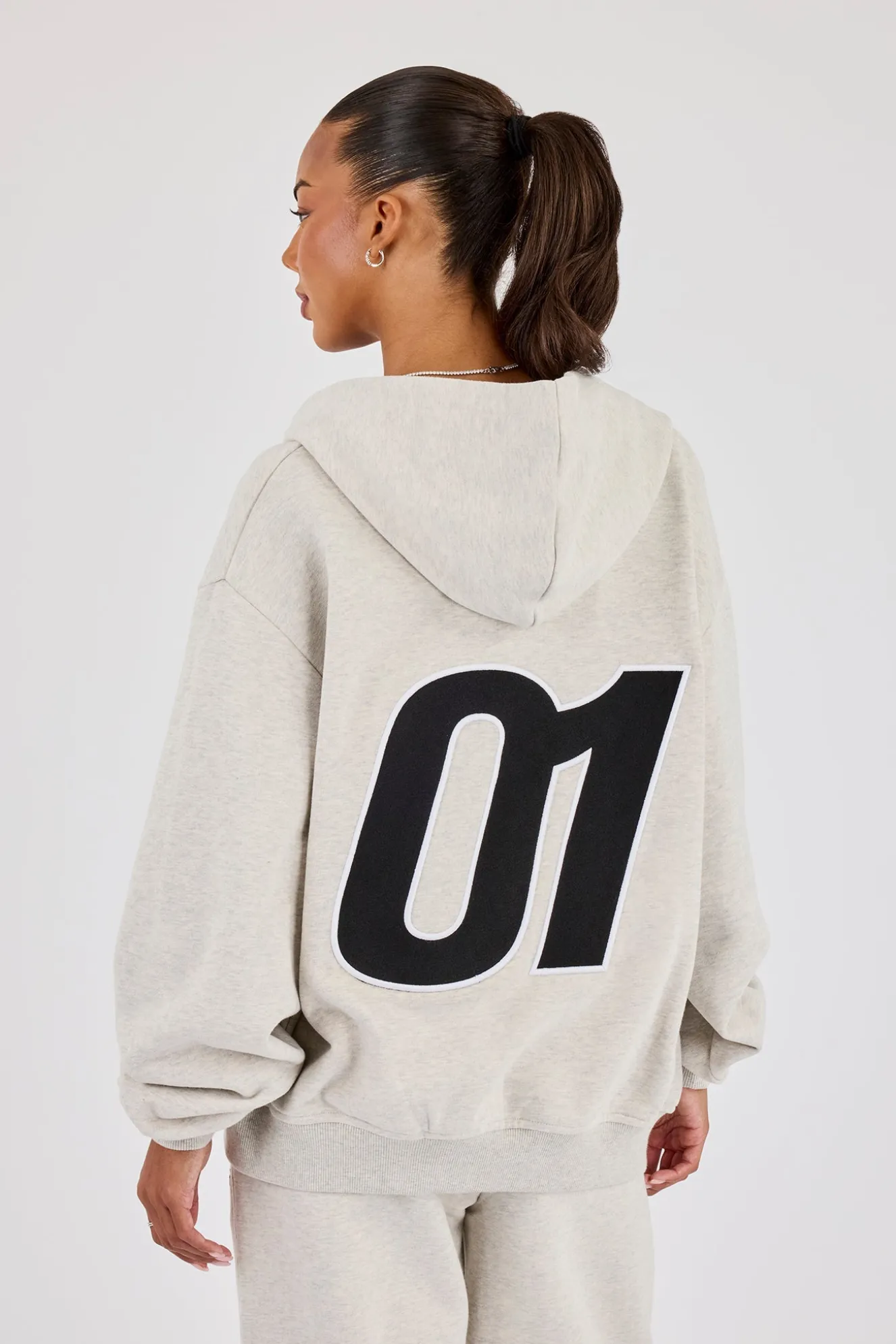 Oversized Embroidered Moto Zip Hoodie - Ash Grey