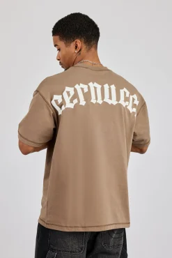 Oversized Gothic Print T-Shirt - Taupe
