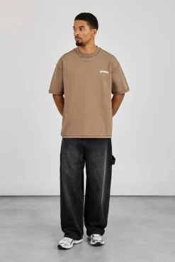 Oversized Gothic Print T-Shirt - Taupe