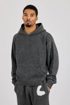 Oversized Knitted Intarsia Hoodie - Charcoal