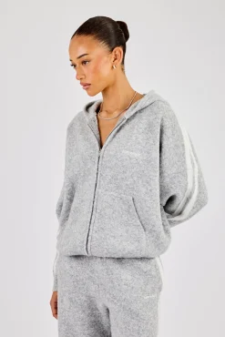 Oversized Knitted Stripe Zip Through - Grey