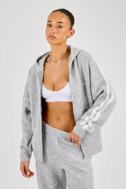 Oversized Knitted Stripe Zip Through - Grey