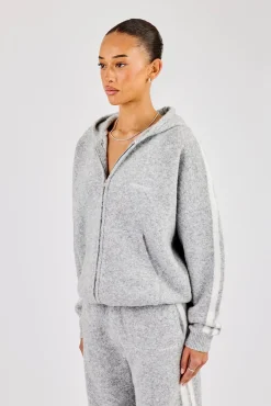 Oversized Knitted Stripe Zip Through - Grey