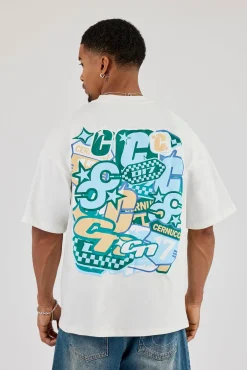 Oversized Layered Sticker Print T-Shirt - Off White