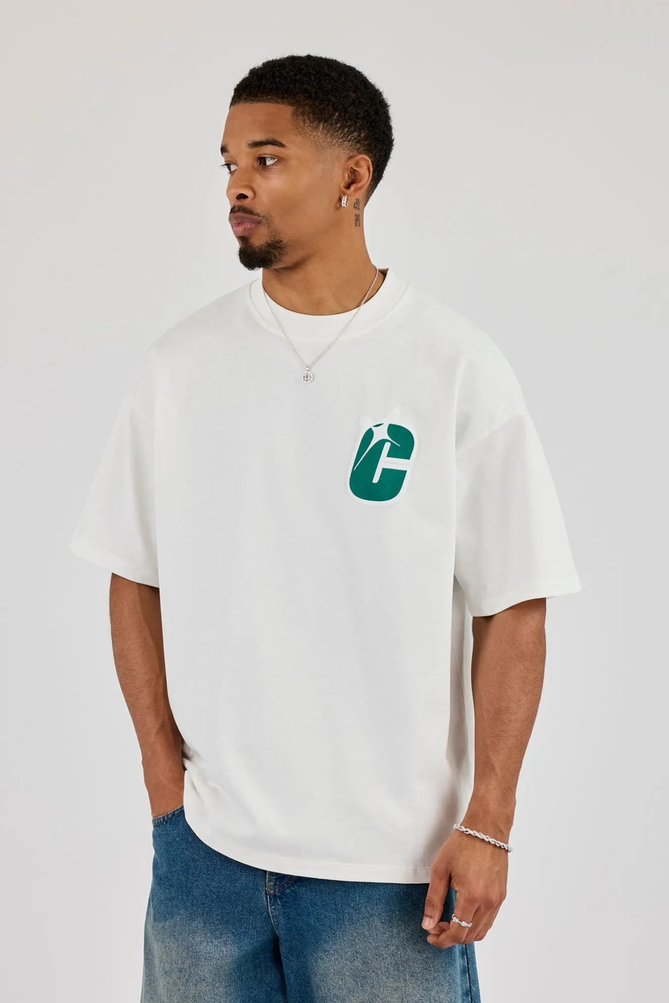 Oversized Layered Sticker Print T-Shirt - Off White