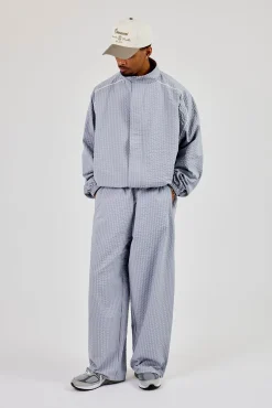 Oversized Nylon Check Funnel Neck Jacket - Light Grey