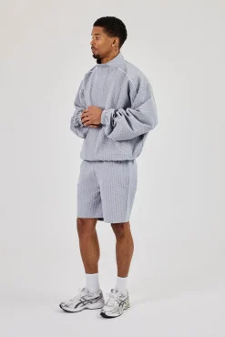 Oversized Nylon Check Funnel Neck Jacket & Short - Light Grey