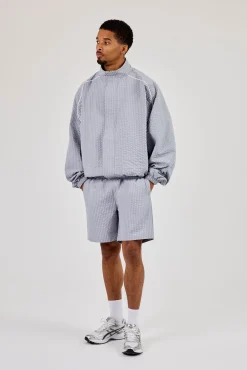 Oversized Nylon Check Funnel Neck Jacket & Short - Light Grey
