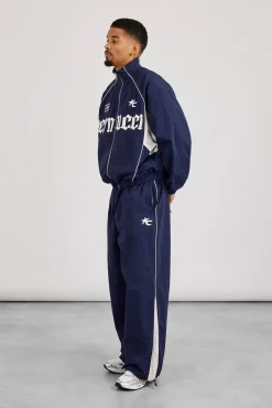 Oversized Nylon Panelled Track Top & Panelled Joggers - Navy
