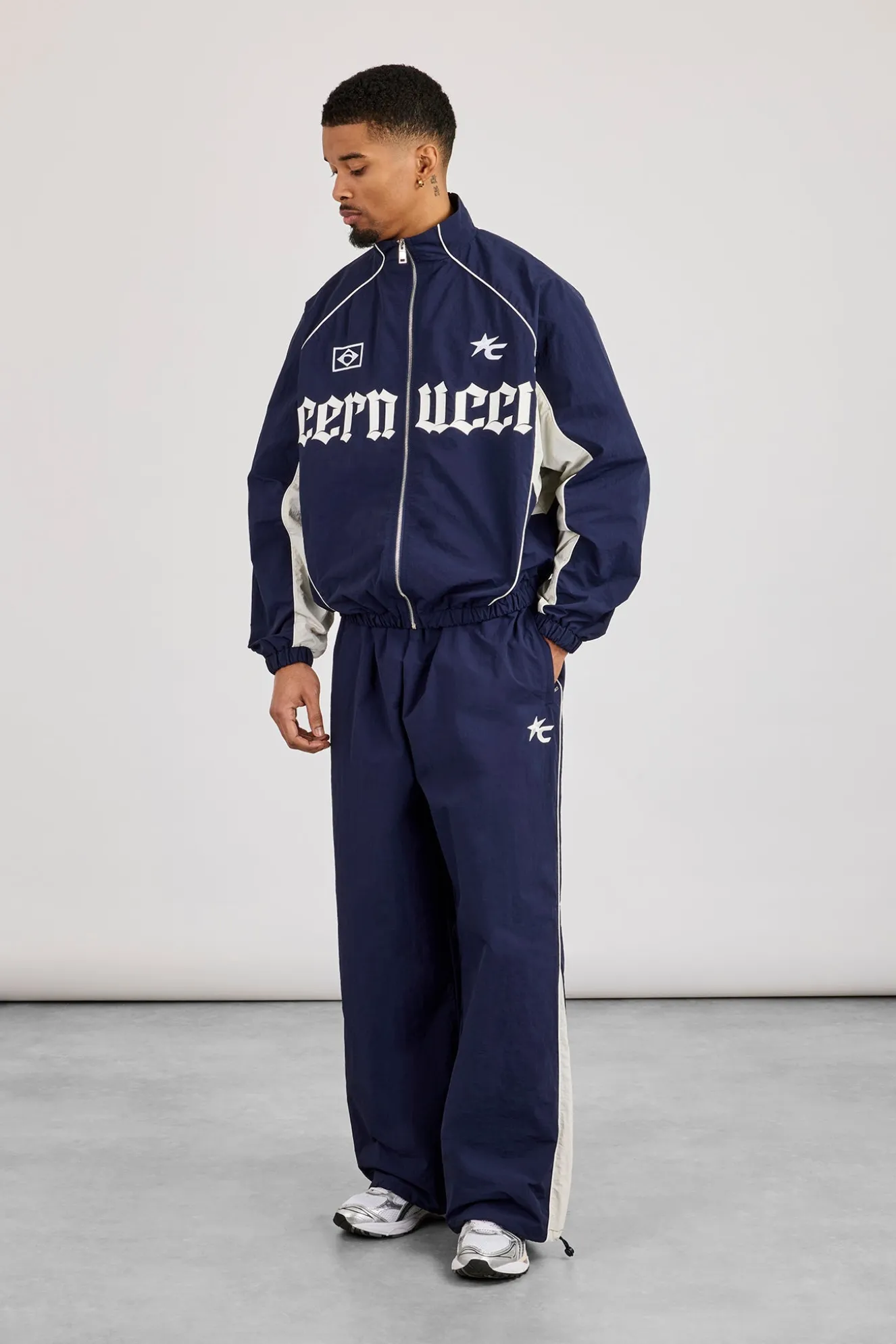 Oversized Nylon Panelled Track Top - Navy