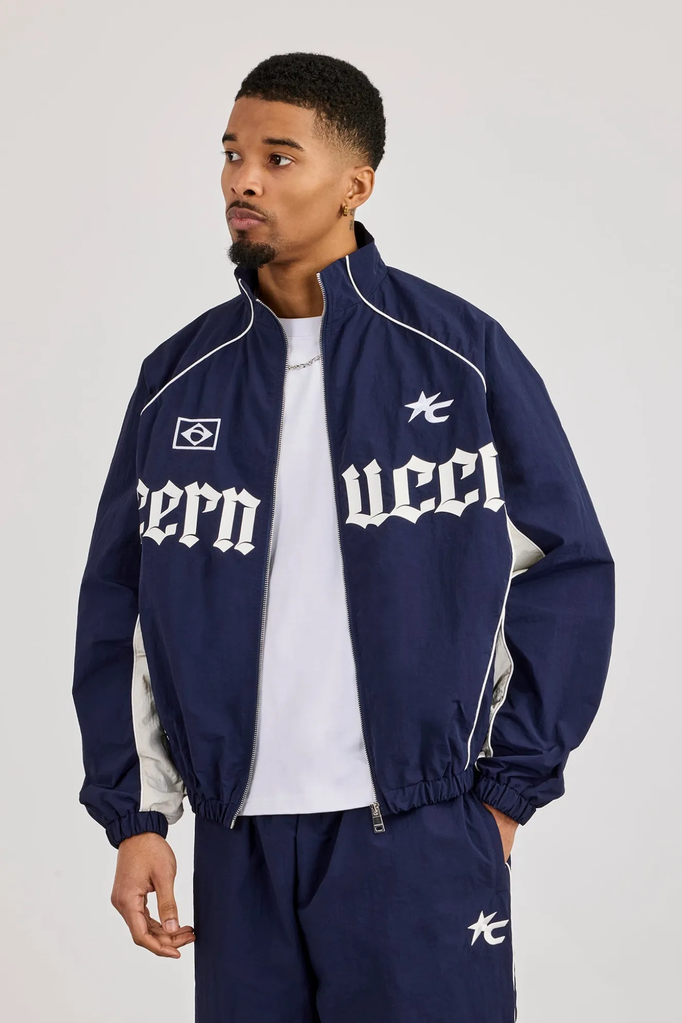 Oversized Nylon Panelled Track Top - Navy